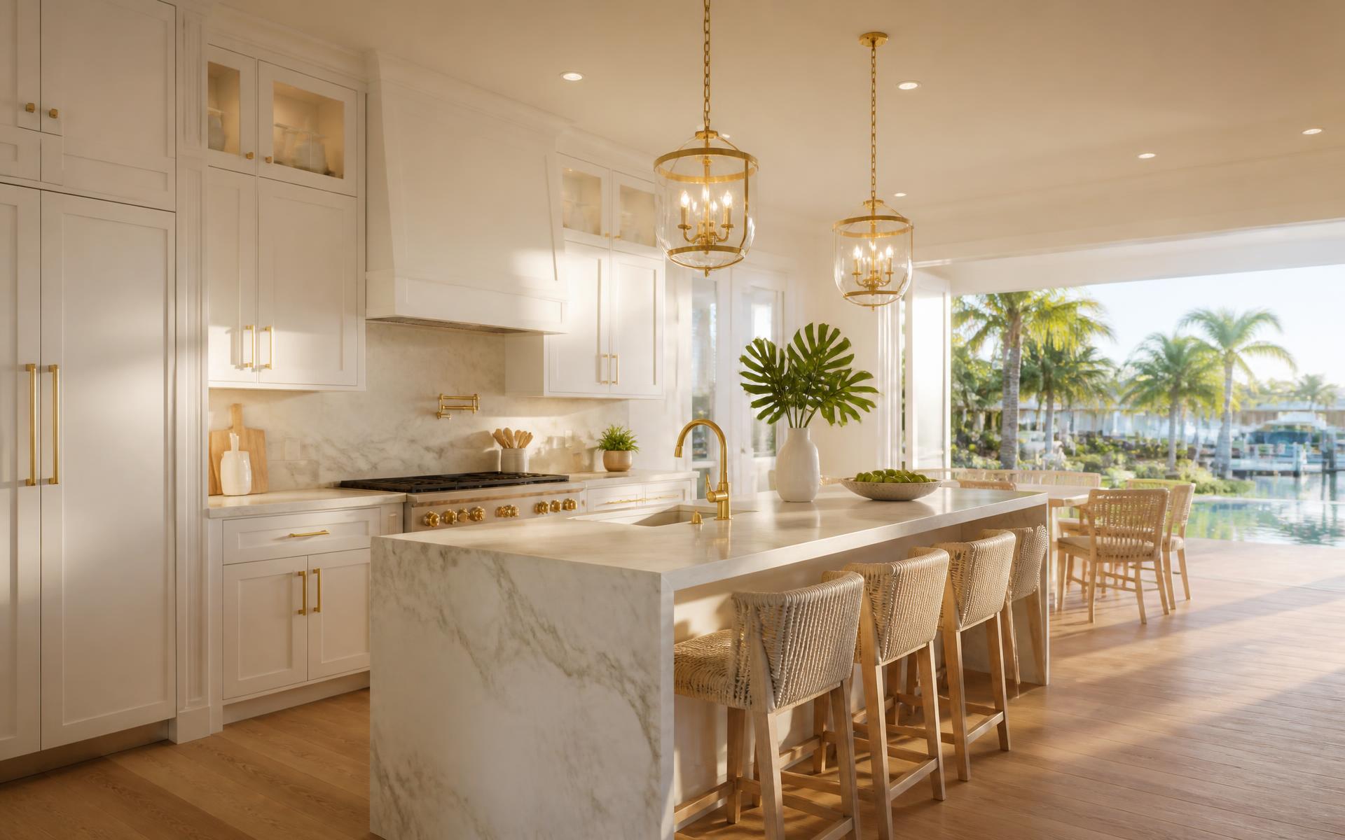 Bright Florida open-concept kitchen with marble island and pool view